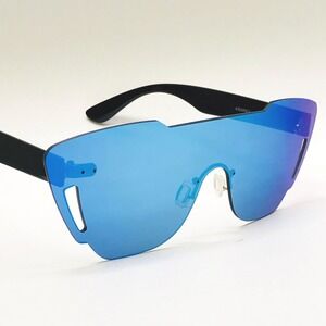 Shield Sunglasses Blue Mirrored Flat Lens Fashion Futuristic Visor Sunnies Gafas